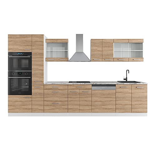 Vicco Küchenzeile R-Line, Sonoma/Weiß, 350 cm mit Hochschrank, ohne Arbeitsplatte von Vicco