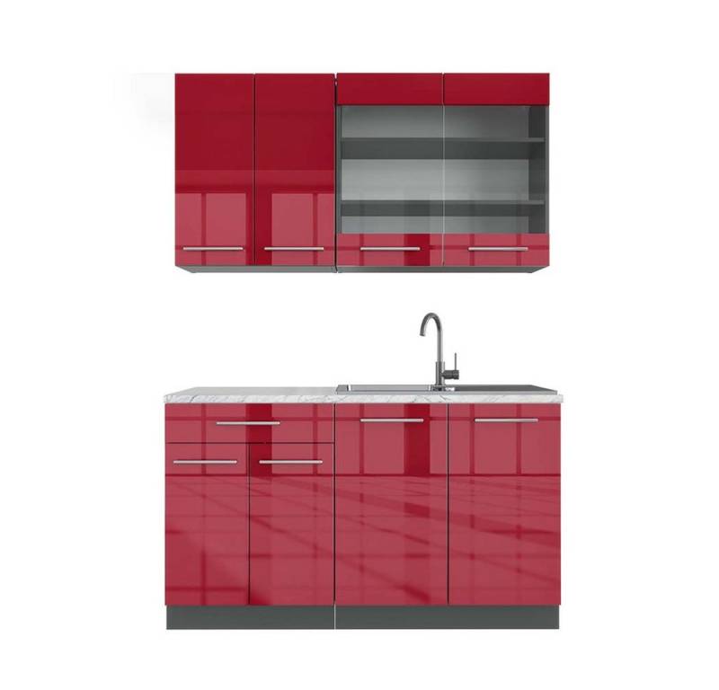 Vicco Küchenzeile Fame-Line, Bordeaux Hochglanz/Anthrazit, 140 cm, AP Marmor von Vicco
