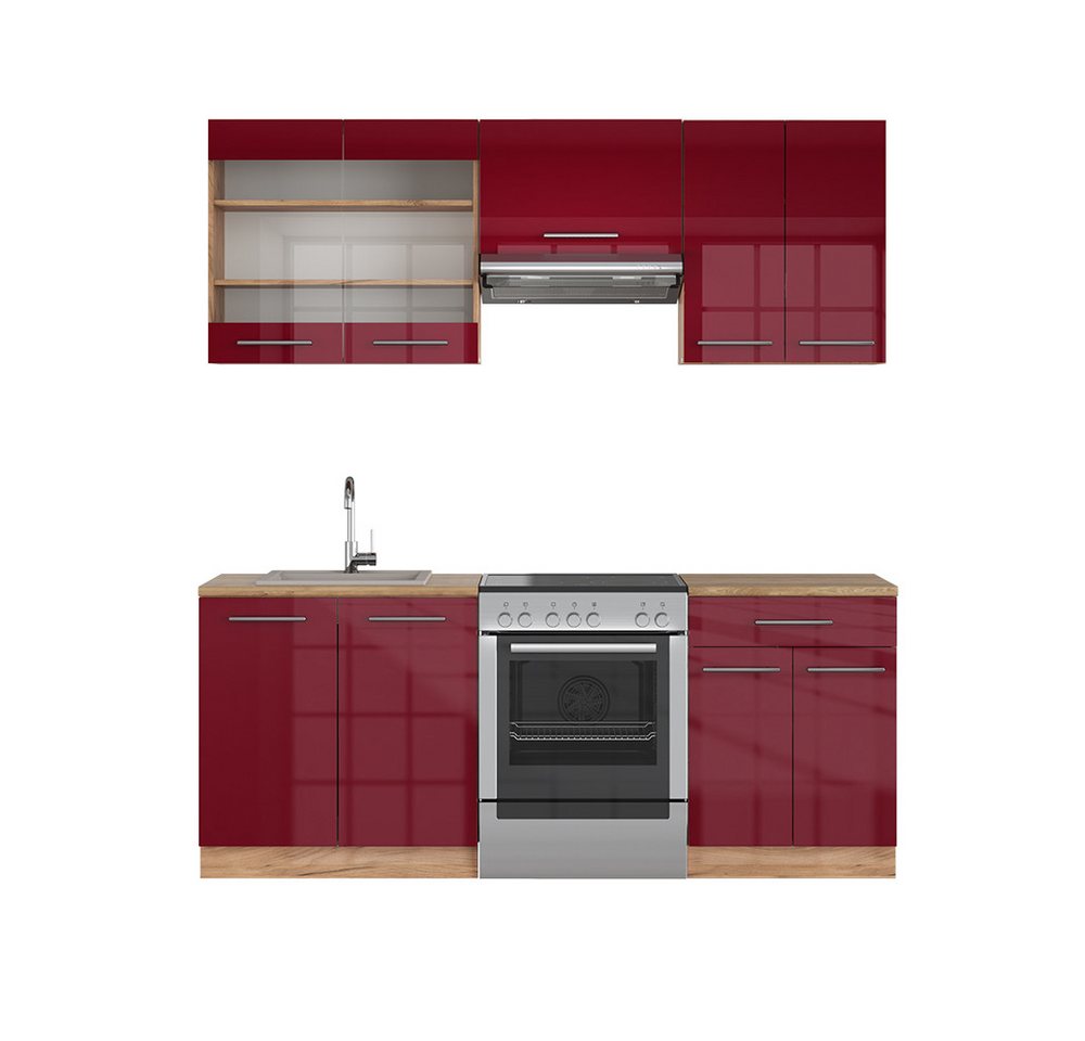 Vicco Küchenzeile Fame-Line, Bordeaux Hochglanz/Eiche Gold, 200 cm ohne Arbeitsplatte von Vicco