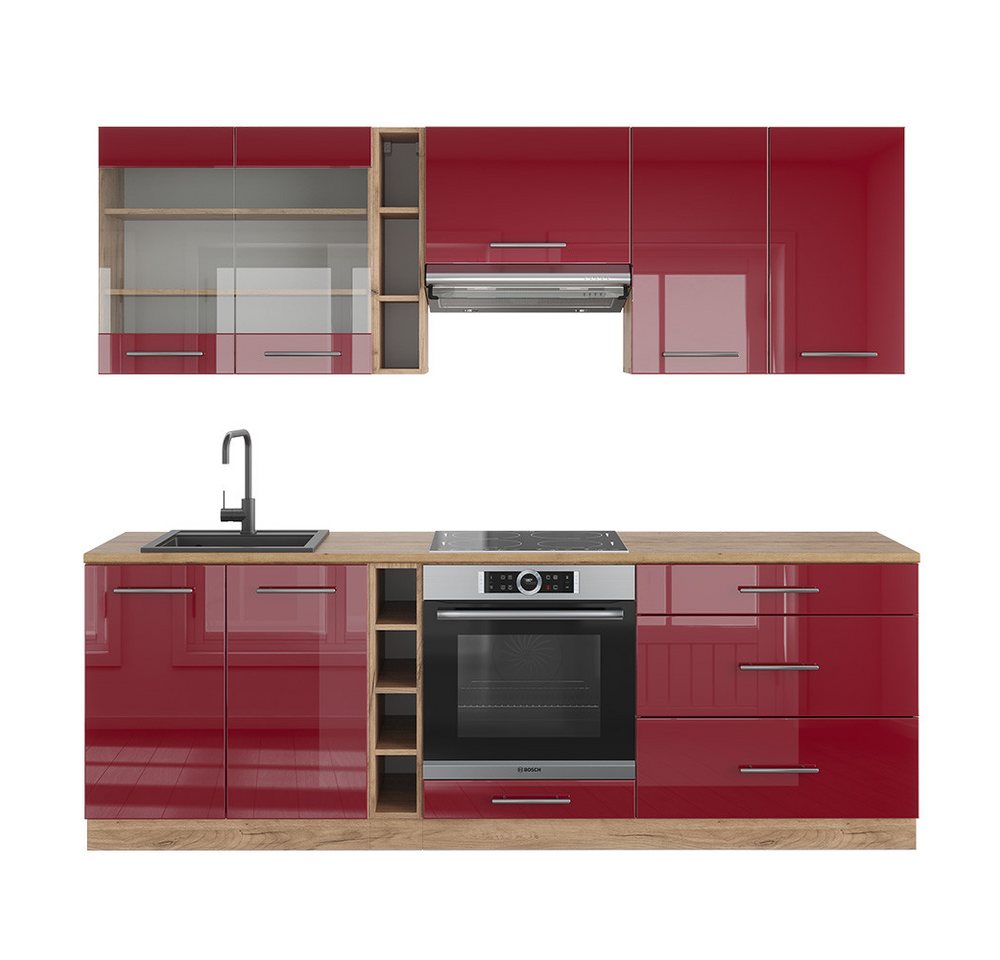 Vicco Küchenzeile Fame-Line, Bordeaux Hochglanz/Eiche Gold, 235 cm ohne Arbeitsplatte von Vicco