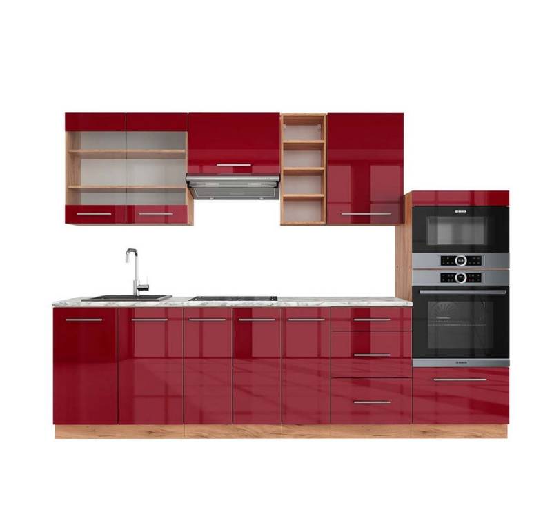 Vicco Küchenzeile Fame-Line, Bordeaux Hochglanz/Goldkraft Eiche, 280 cm, AP Marmor von Vicco