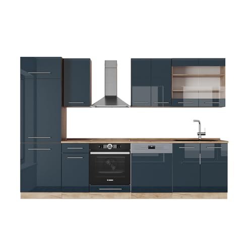 Vicco Küchenzeile Fame-Line, Dunkelblau Hochglanz/Goldkraft Eiche, 300 cm, AP Eiche von Vicco