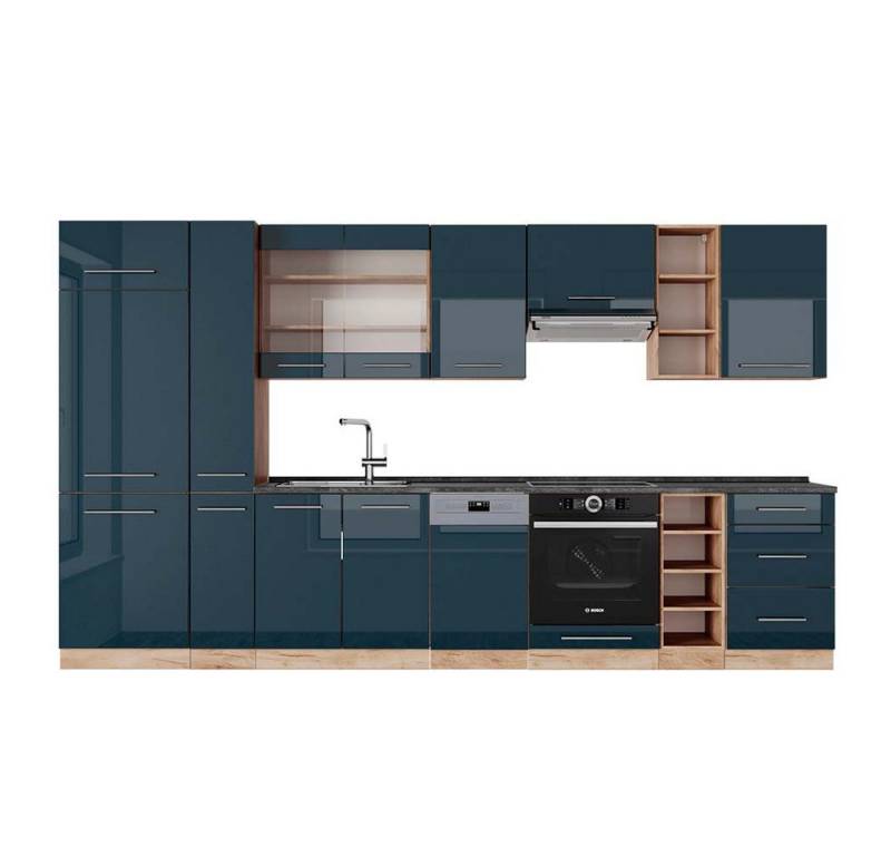 Vicco Küchenzeile Fame-Line, Dunkelblau Hochglanz/Goldkraft Eiche, 355 cm, AP Anthrazit von Vicco