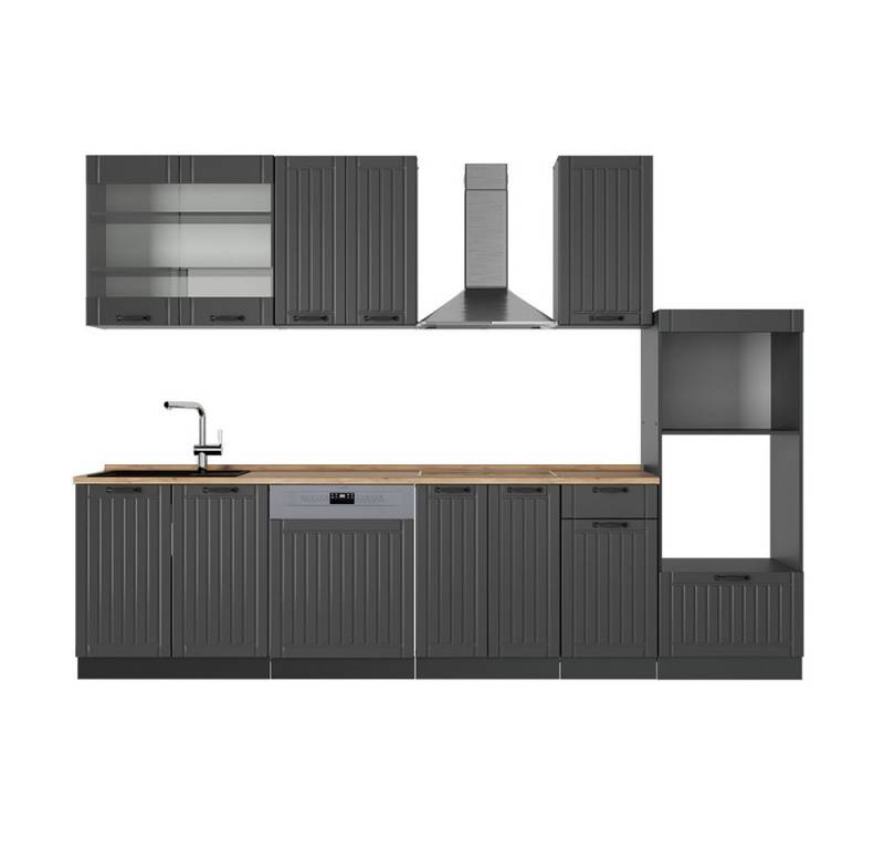 Vicco Küchenzeile Fame-Line, Dunkelgrau/Anthrazit, 300 cm mit Hochschrank, AP Eiche von Vicco