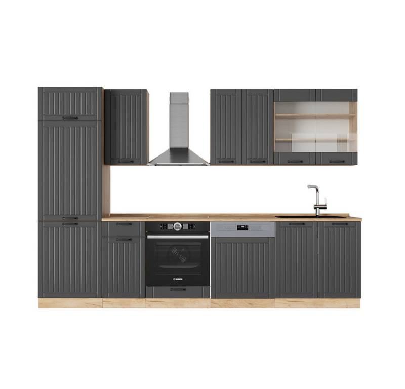 Vicco Küchenzeile Fame-Line, Dunkelgrau/Goldkraft Eiche, 300 cm, AP Eiche von Vicco