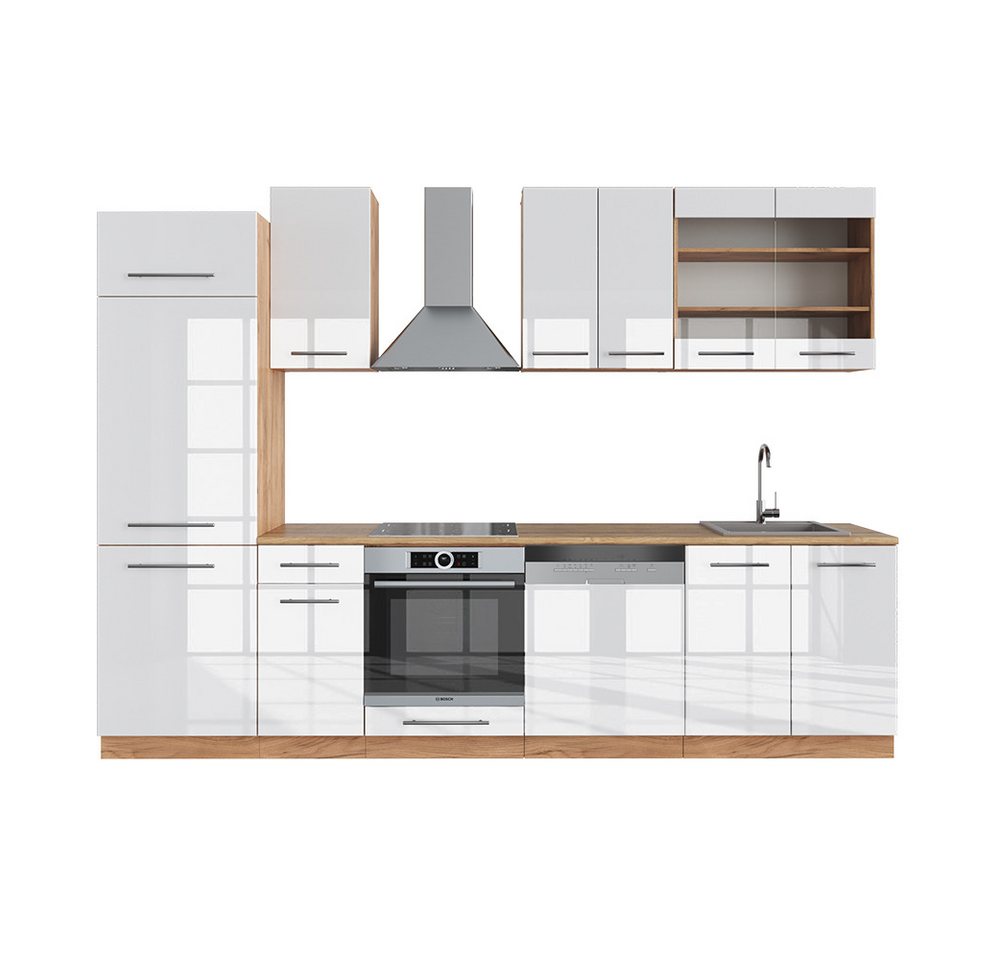 Vicco Küchenzeile Fame-Line, Weiß Hochglanz/Goldkraft Eiche, 300cm ohne AP von Vicco