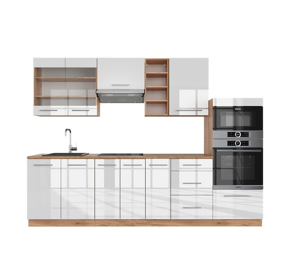 Vicco Küchenzeile Fame-Line, Weiß Hochglanz/Goldkraft Eiche/Goldkraft Eiche, 280 cm ... von Vicco
