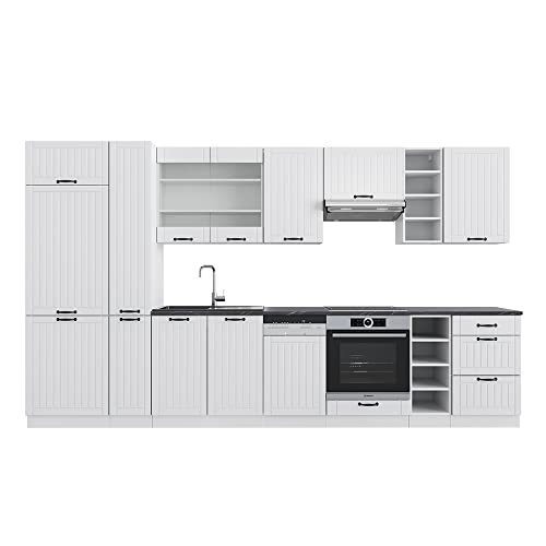 Vicco Küchenzeile Fame-Line, Weiß Landhaus/Weiß, 355 cm mit Hochschrank, ohne Arbeitsplatte von Vicco