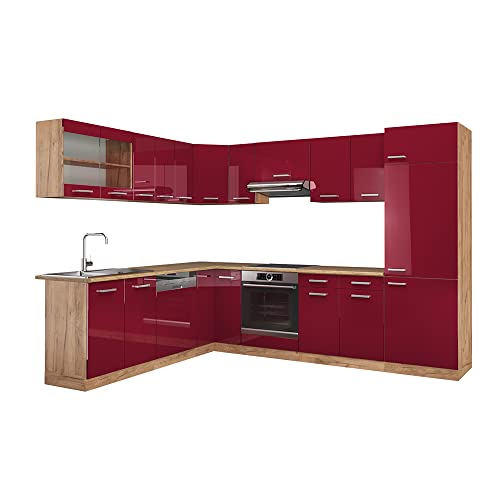 Vicco Eckküche R-Line, Bordeaux Hochglanz/Eiche Gold, 227 x 287 cm ohne Arbeitsplatte von Vicco