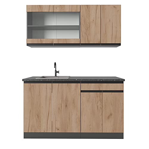 Vicco Singleküche R-Line, Küchenzeile Single, Goldkraft Eiche/Anthrazit, 140 cm J-Shape von Vicco