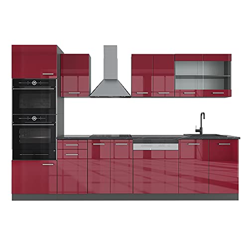 Vicco Küchenzeile R-Line, Rot Hochglanz/Anthrazit, 300 cm mit Hochschrank, AP Anthrazit von Vicco