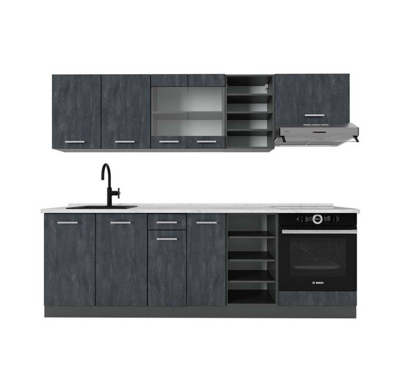 Vicco Küchenzeile R-Line, Schwarz Beton/Anthrazit, 240 cm AP Marmor von Vicco