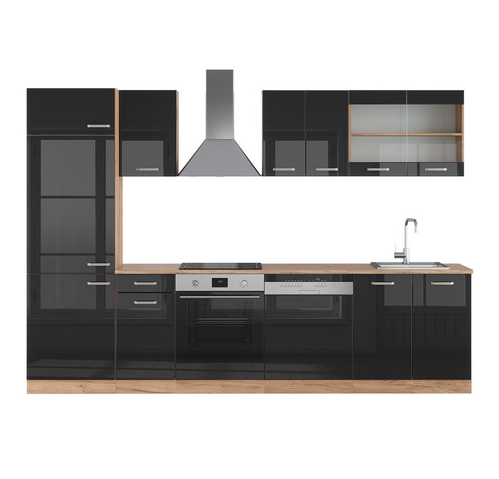 Vicco Küchenzeile R-Line, Schwarz Hochglanz/Goldkraft Eiche, 300 cm ohne Arbeitsplatte von Vicco