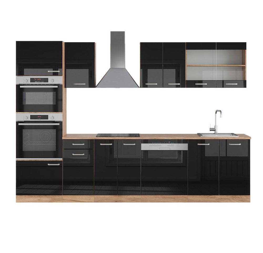 Vicco Küchenzeile R-Line Schwarz Hochglanz/Eiche 300cm + Hochschrank ohne Arbeitsplatte von Vicco