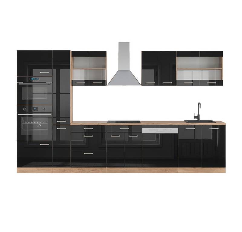 Vicco Küchenzeile R-Line Schwarz Hochglanz/Eiche 350cm + Hochschrank ohne Arbeitsplatte von Vicco