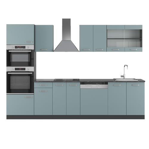 Vicco Küchenzeile R-Line, Blau-Grau/Anthrazit, 300 cm mit Hochschrank, ohne Arbeitsplatte von Vicco