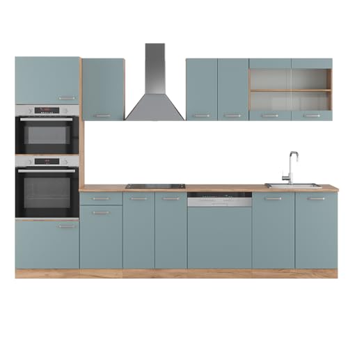 Vicco Küchenzeile R-Line, Blau-Grau/Goldkraft Eiche, 300 cm mit Hochschrank, ohne Arbeitsplatte von Vicco
