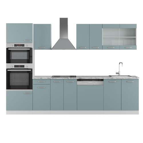 Vicco Küchenzeile R-Line, Blau-Grau/Weiß, 300 cm mit Hochschrank, ohne Arbeitsplatte von Vicco