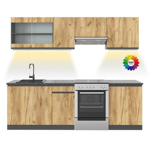 Vicco Küchenzeile Raul, Goldkraft Eiche, 240 cm J-Shape, ohne Arbeitsplatte mit LED-Leisten von Vicco