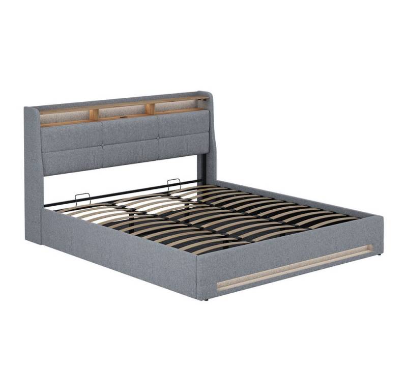 Vicco Polsterbett Christin, Grau/Eiche, 180x200 mit LED und USB-Anschluss von Vicco