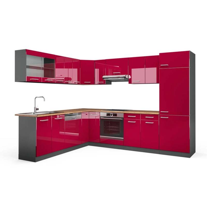 Vicco R-Line Eckküche Bordeaux Hochglanz/Anthrazit 227 x 287 cm AP Eiche von Vicco