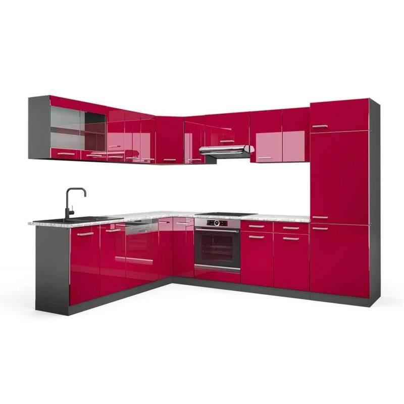 Vicco R-Line Eckküche Bordeaux Hochglanz/Anthrazit 227 x 287 cm AP Marmor von Vicco