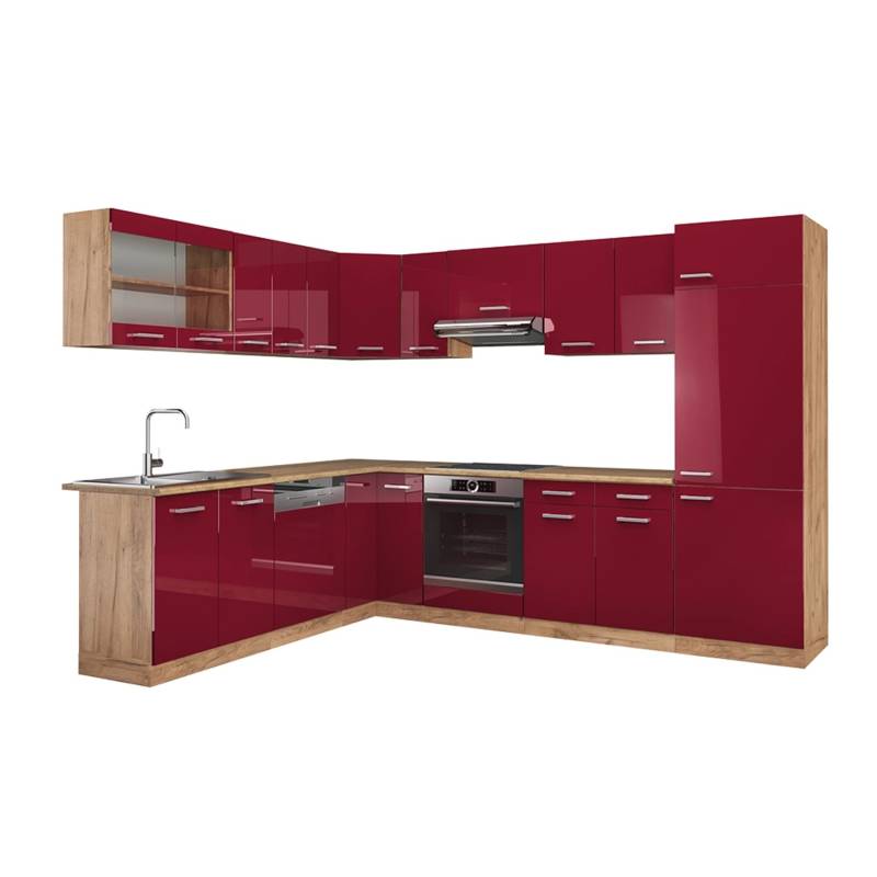 Vicco R-Line Eckküche Bordeaux Hochglanz/Goldkraft Eiche 227 x 287 cm ohne Arbeitsplatte von Vicco
