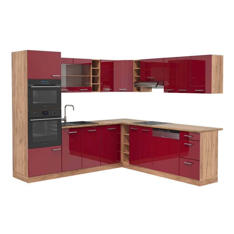 Vicco R-Line Eckküche Bordeaux Hochglanz/Goldkraft Eiche 237 x 60 cm ohne Arbeitsplatte von Vicco