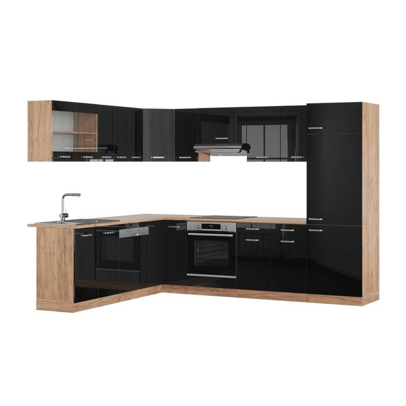 Vicco R-Line Eckküche Schwarz Hochglanz/Goldkraft Eiche 227 x 287 cm AP Eiche von Vicco