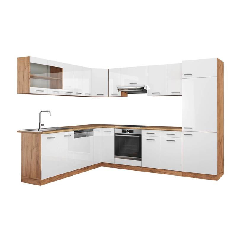 Vicco R-Line Eckküche Weiß Hochglanz/Goldkraft Eiche 227 x 287 cm ohne Arbeitsplatte von Vicco
