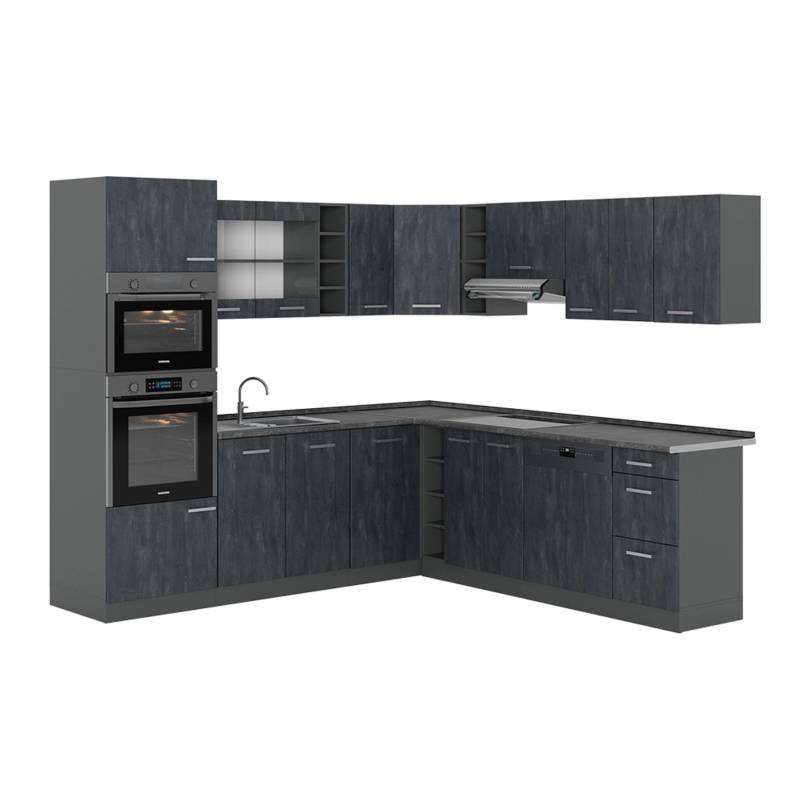 Vicco R-Line Einbauküche in L-Form Schwarz Beton/Anthrazit 237 x 247 cm ohne Arbeitsplatte von Vicco