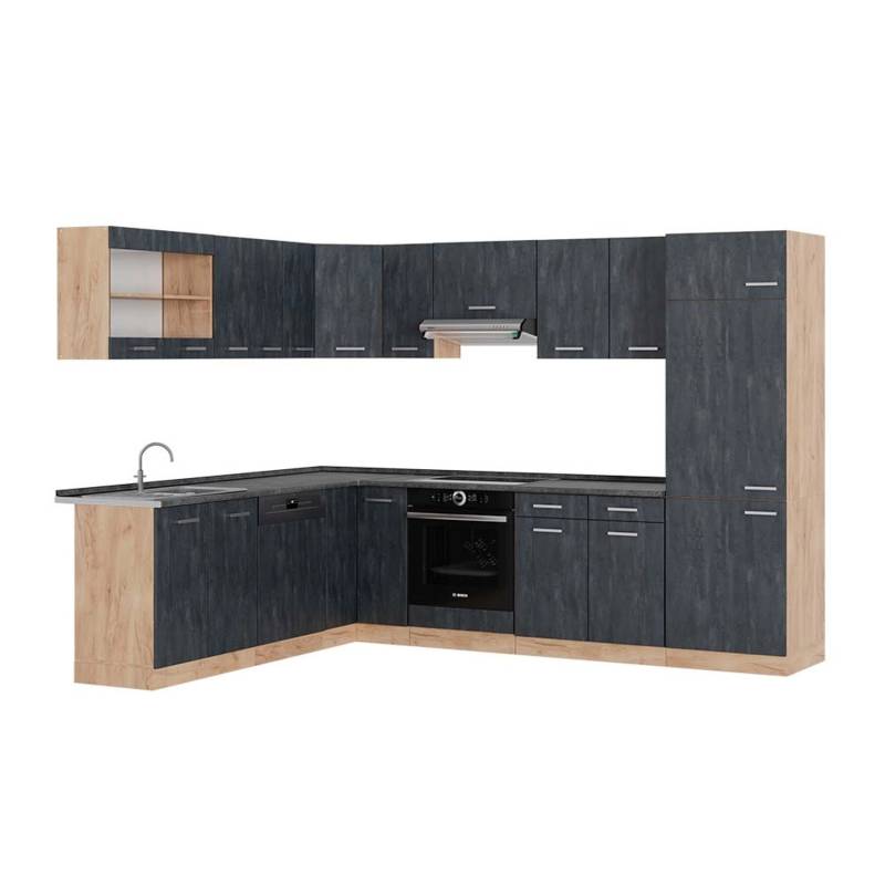 Vicco R-Line Einbauküche in L-Form Schwarz Beton/Goldkraft Eiche 227 x 287 cm AP Anthrazit von Vicco