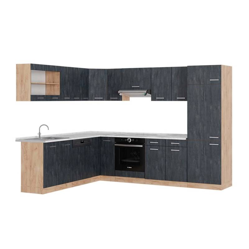Vicco R-Line Einbauküche in L-Form Schwarz Beton/Goldkraft Eiche 227 x 287 cm AP Marmor von Vicco