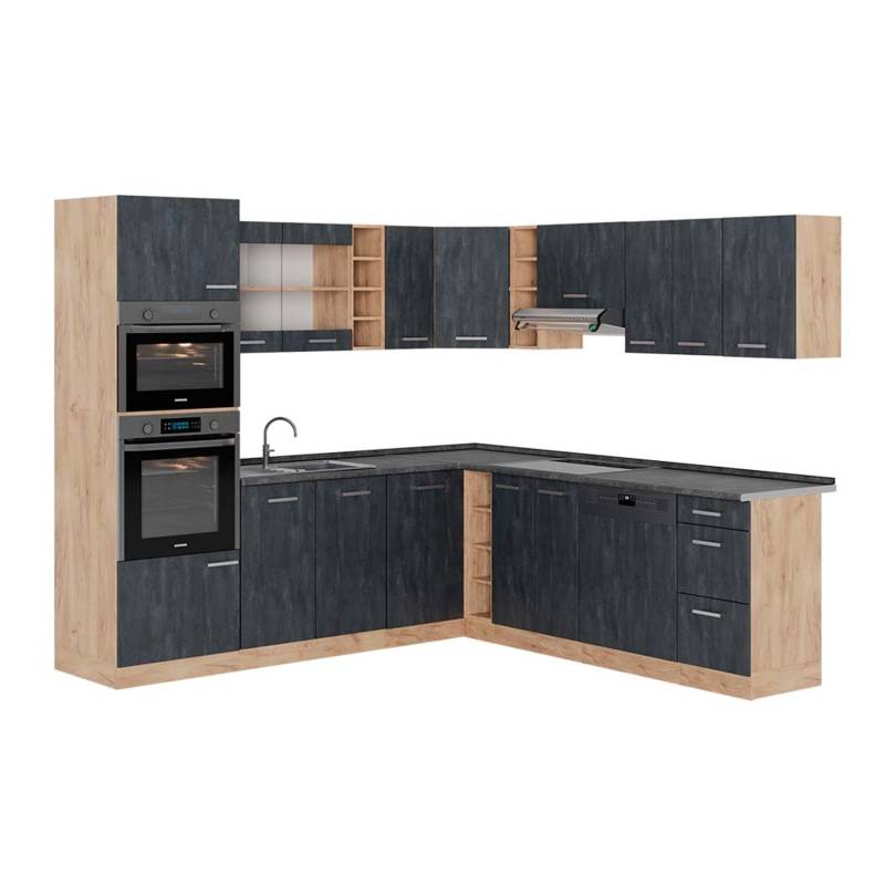 Vicco R-Line Einbauküche in L-Form Schwarz Beton/Goldkraft Eiche 237 x 247 cm AP Anthrazit von Vicco