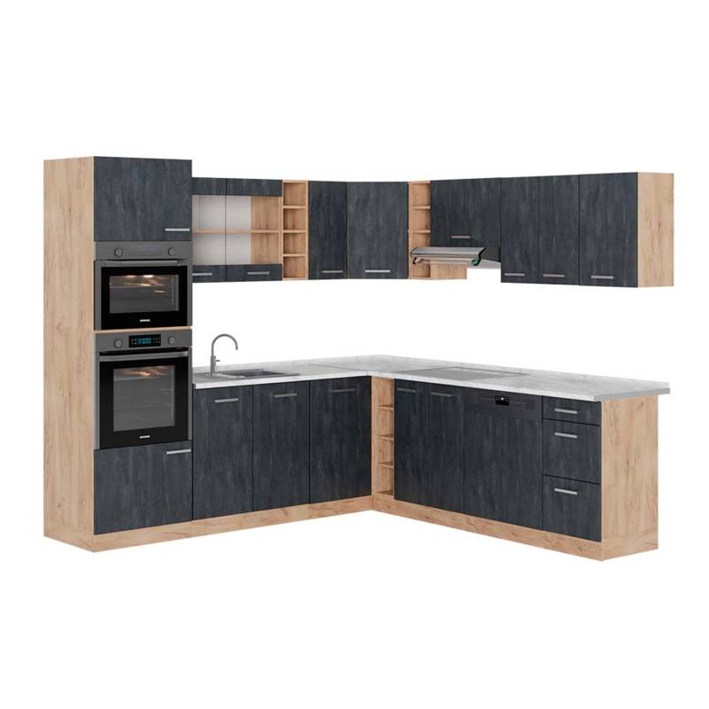 Vicco R-Line Einbauküche in L-Form Schwarz Beton/Goldkraft Eiche 237 x 247 cm AP Marmor von Vicco