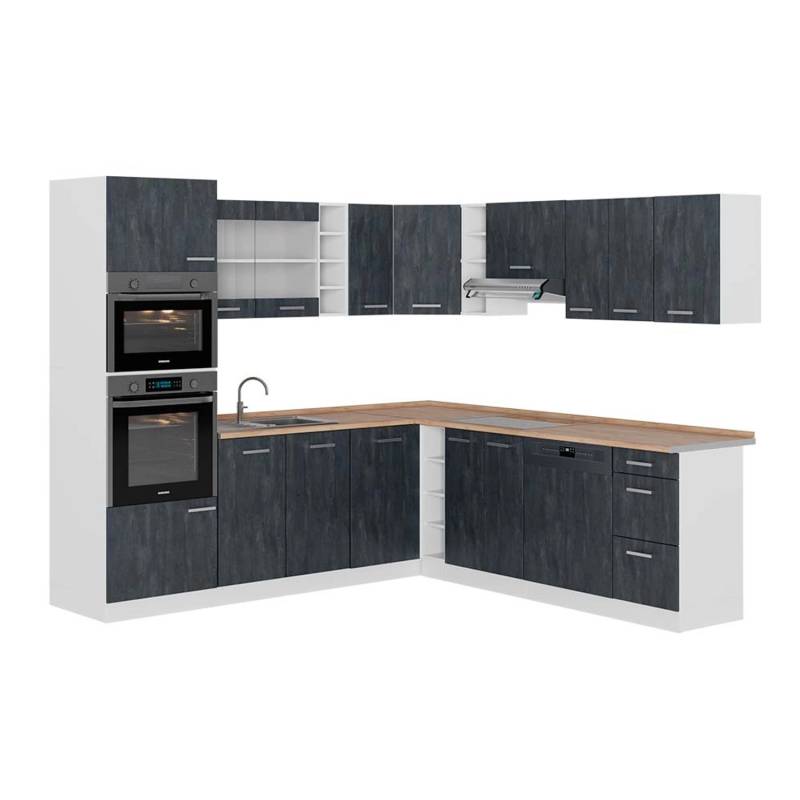Vicco R-Line Einbauküche in L-Form Schwarz Beton/Weiß 237 x 247 cm AP Eiche von Vicco