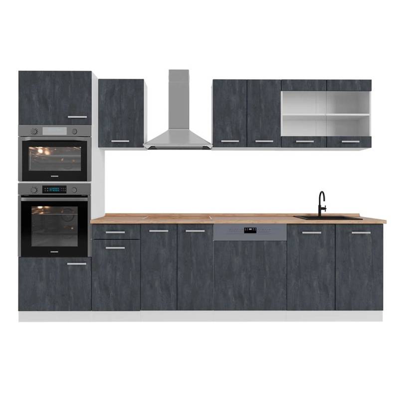 Vicco R-Line KomplettKüche Schwarz Beton/Weiß 300 cm AP Eiche Opt 2 von Vicco