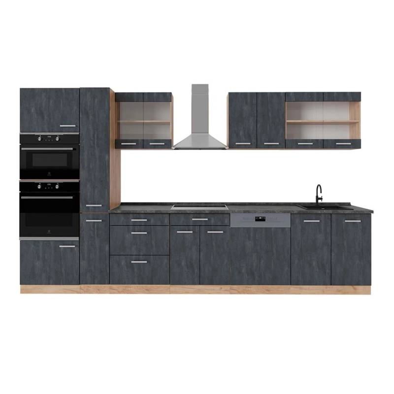 Vicco R-Line Komplettküche Schwarz Beton/Goldkraft Eiche 350 cm AP Anthrazit von Vicco