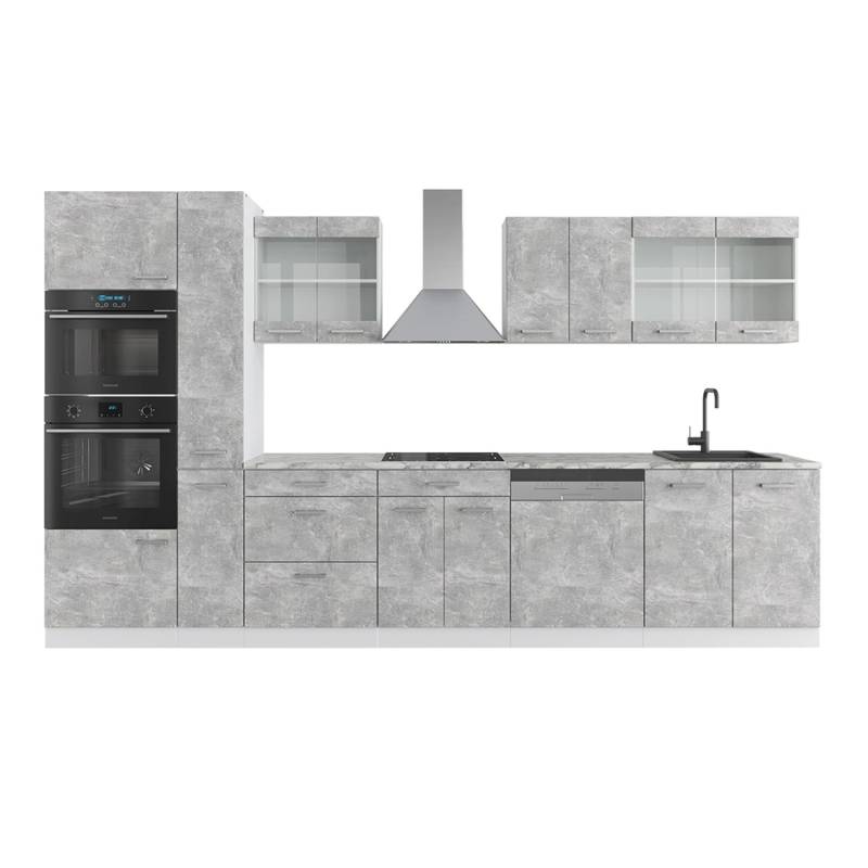 Vicco R-Line Küche Beton/Weiß 350 cm mit HochschrankAP Marmor von Vicco