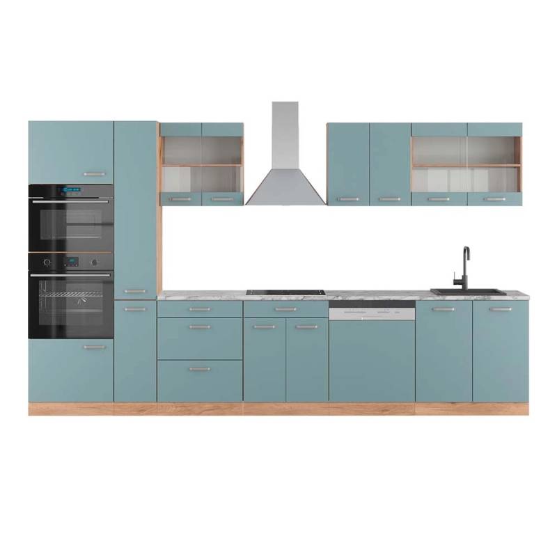 Vicco R-Line Küche Blau-Grau/Goldkraft Eiche 350 cm mit HochschrankAP Marmor von Vicco