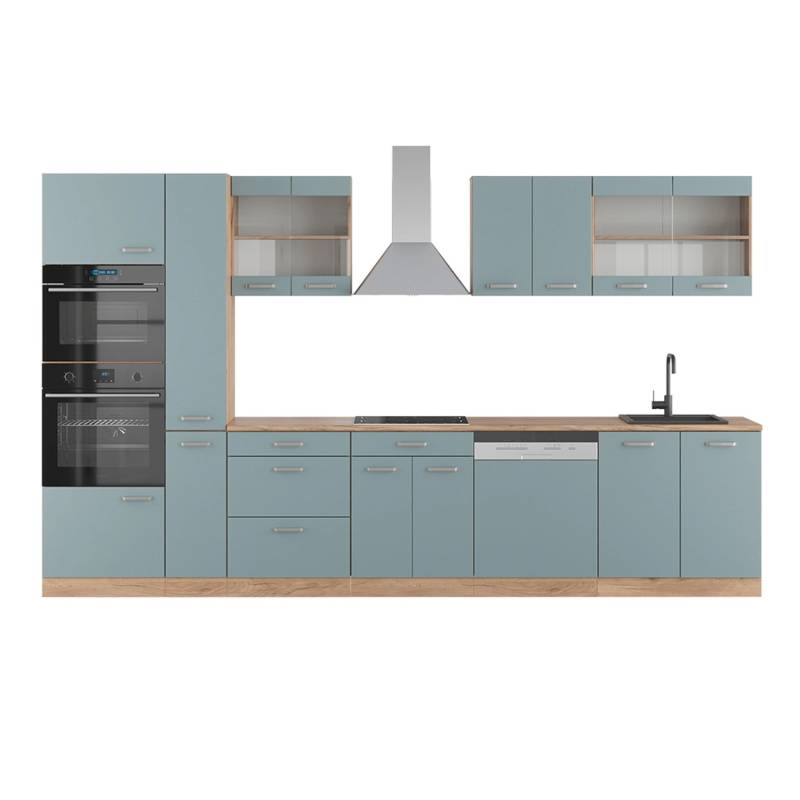 Vicco R-Line Küche Blau-Grau/Goldkraft Eiche 350 cm mit Hochschrankohne Arbeitsplatte von Vicco
