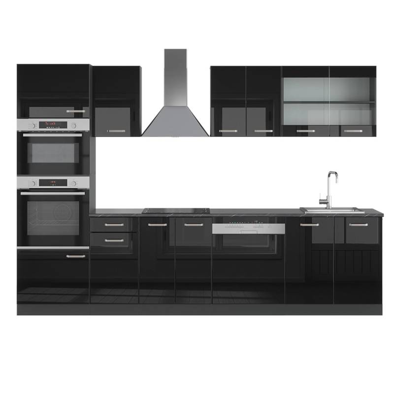 Vicco R-Line Küche Schwarz Hochglanz/Anthrazit 300 cm mit Hochschrankohne Arbeitsplatte von Vicco