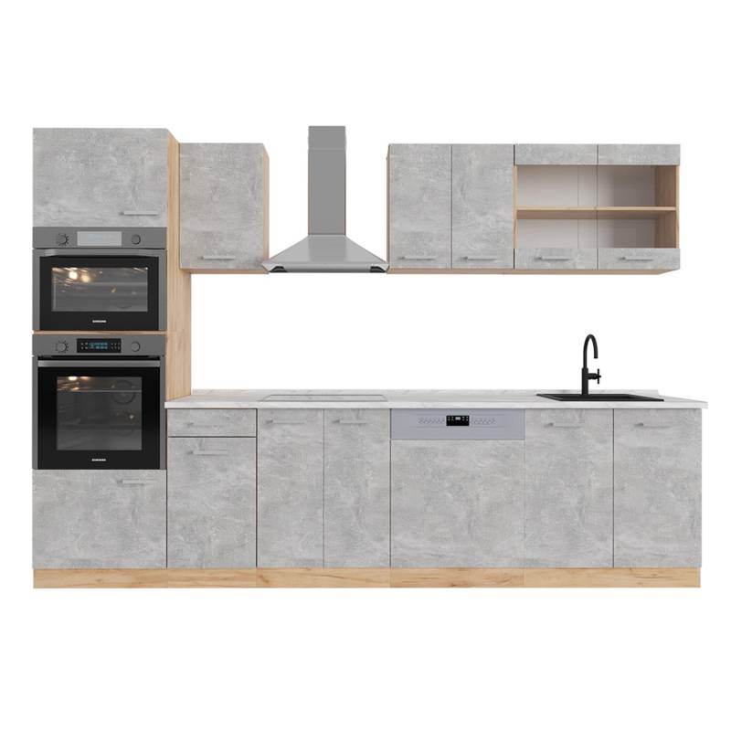 Vicco R-Line Küchenzeile Beton/Goldkraft Eiche 300 cm mit HochschrankAP Marmor von Vicco
