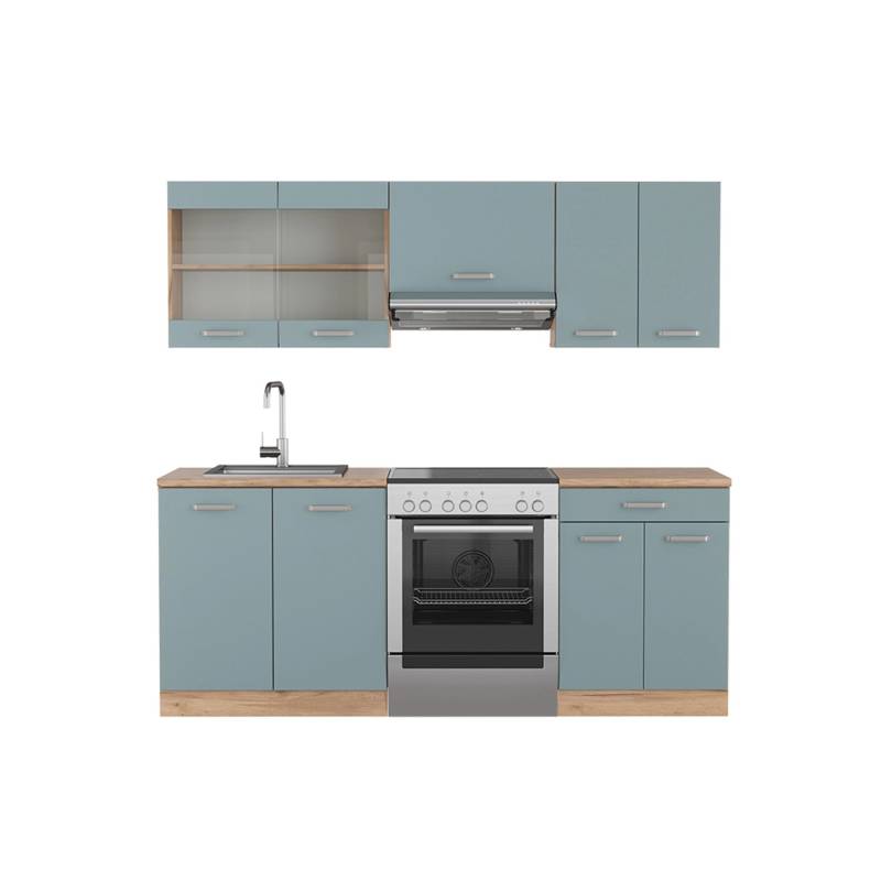 Vicco R-Line Küchenzeile Blau-Grau/Goldkraft Eiche 200 cm AP Eiche von Vicco
