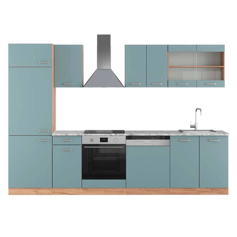 Vicco R-Line Küchenzeile Blau-Grau/Goldkraft Eiche 300 cm AP Marmor von Vicco