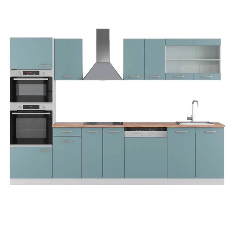 Vicco R-Line Küchenzeile Blau-Grau/Weiß 300 cm mit HochschrankAP Eiche von Vicco