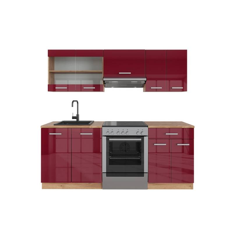 Vicco R-Line Küchenzeile Bordeaux Hochglanz/Goldkraft Eiche 200 cm ohne Arbeitsplatte von Vicco