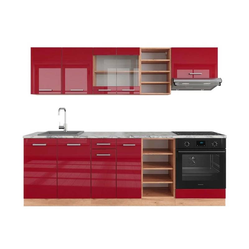 Vicco R-Line Küchenzeile Bordeaux Hochglanz/Goldkraft Eiche 240 cm AP Marmor von Vicco