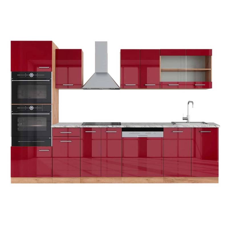 Vicco R-Line Küchenzeile Bordeaux Hochglanz/Goldkraft Eiche 300 cm mit HochschrankAP Marmor von Vicco