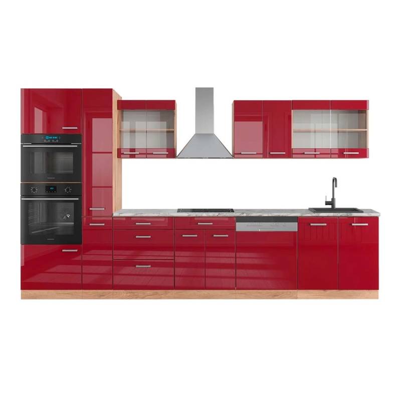 Vicco R-Line Küchenzeile Bordeaux Hochglanz/Goldkraft Eiche 350 cm mit HochschrankAP Marmor von Vicco
